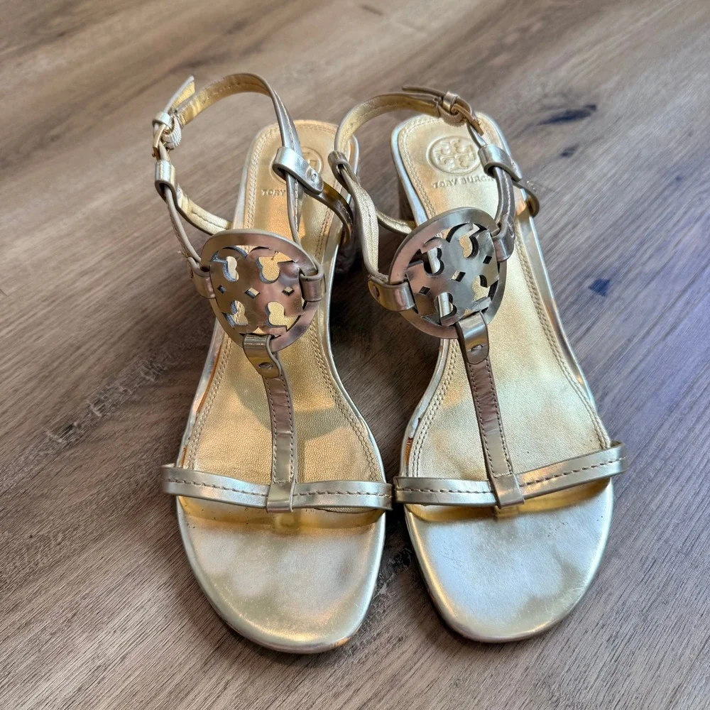 Tory Burch Miller Gold Metallic Leather Espadrille Block Heel Sandals Size 8.5